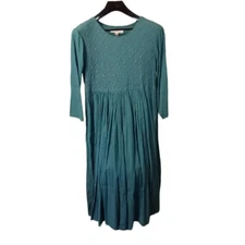 Vtg Karavan Crinkle Embroidered Dress Women's Sz M Teal Green Longline Pullover 