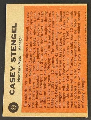 1962 Topps Baseball #29 Casey Stengel HOF New York Yankees EX-MT+ - Picture 3 of 3