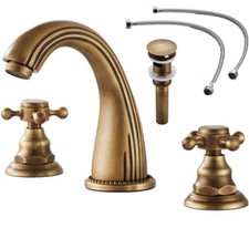 Grecious Widesread Bathroom Faucet Antique Brass Two Handle 3 Holes With Drain