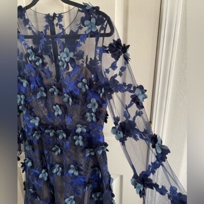 marchesa notte blue embroidered dress Marchesa Notte Blue Floral Embroidered Tulle Evening Gown Sz 2 Wedding NWT