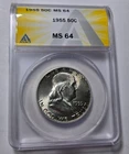 1955 FRANKLIN Half Dollar 50c Cents Silver Mint COIN ~ ANACS MS64 ~ Lite Toning