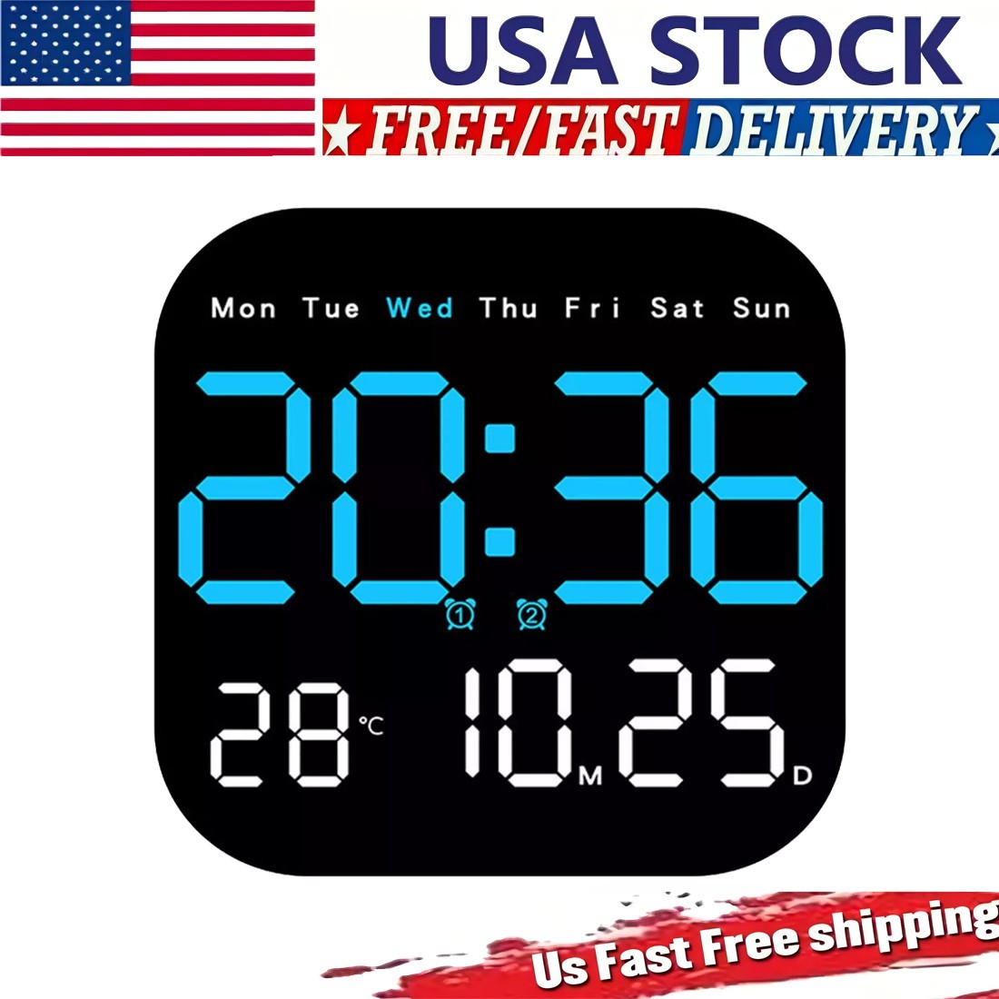 7.3" DIGITAL LED CLOCK WALL MOUNT LARGE NUMBERS TIMER DATE TEMPERATURE US