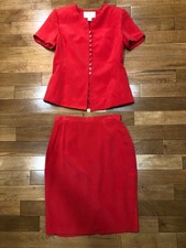 Jones New York SILK 2-Piece Red Short Sleeve Suit  Skirt Size 10 Vintage 90s