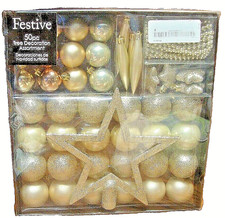 FESTIVE 50pc CHRISTMAS TREE Gold-Tone Ornament Assortment Shatterproof Decor 899