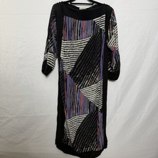 Argenti Vintage 80s 100% Silk Abstract Print Midi Dress Black Purple Size 14