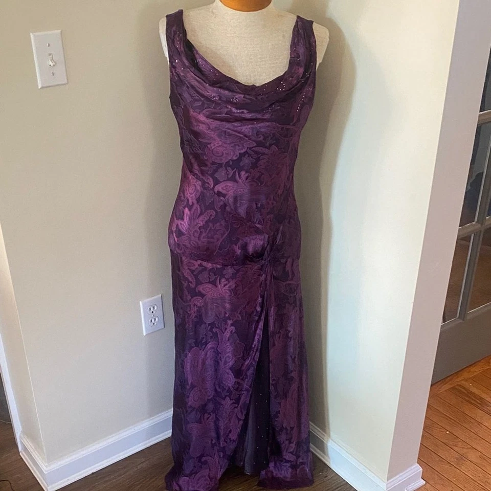 Vestido De Colección Años 90 Valerie Steven’s Púrpura Seda Burnout Transparente Capucha Cuello Cuentas Talla 4 Foto 2 de 4