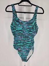 Speedo Womens Sz 12 One Piece Swimsuit Abstract Print Black Blue Neon