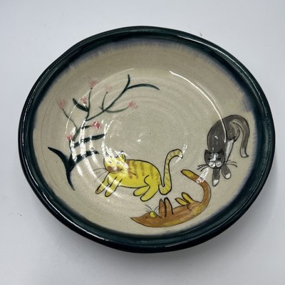 Vintage Studio Pottery Art Handmade Ceramic Platter With Cats Signed Allison