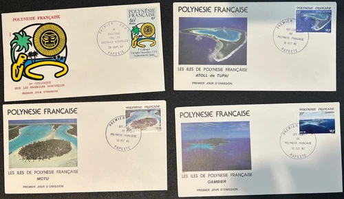 French Polynesia FDC 1982 Set of 4 Papeete Tahiti Colloque, Nature Atoll, Motu