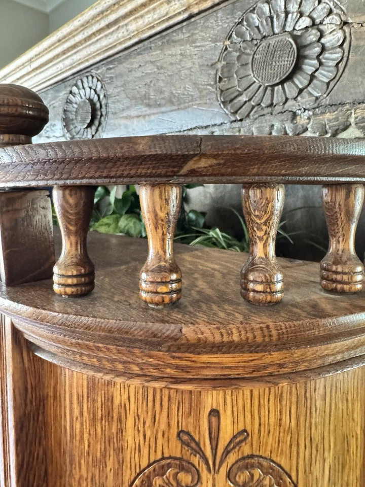 Antique Victorian Eastlake Tiger Oak Wall Mirror Shelf – 51” Ornate Carved - Image 4 of 4