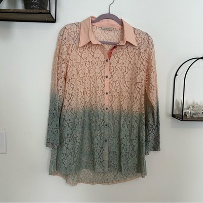 Soft Surroundings  Aurelie Dip Dye Eyelet Ombre Lace Button Down Blouse Tunic S