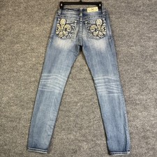 Miss Me Jeans Skinny Women Size 26 Blue Medium Wash Embroidered Pockets