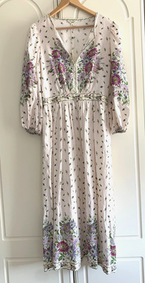 Max Studio creme Leinenmischung Blumen Puffärmel Maxikleid neu mit Etikett 50'' lang Medium