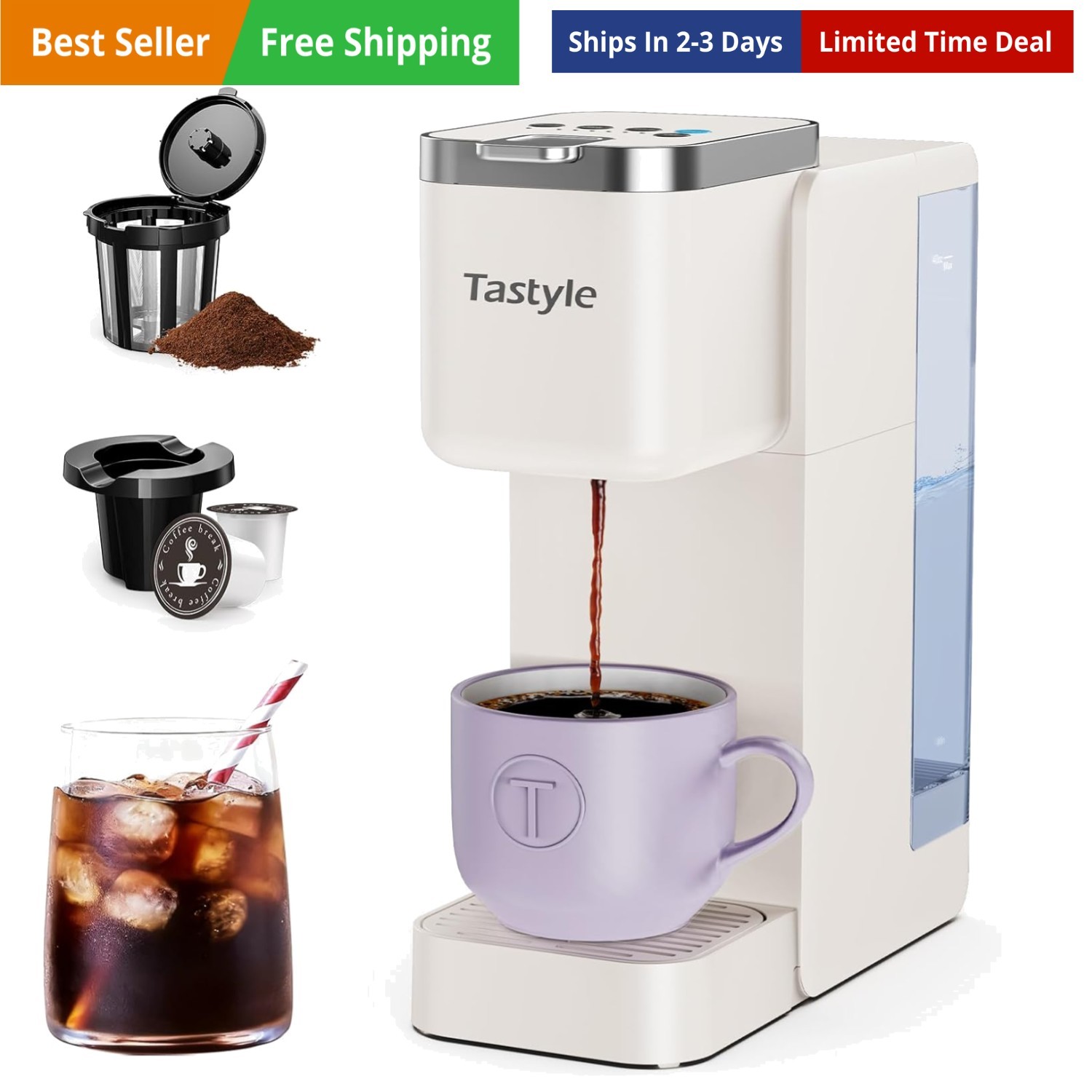 Single Serve Coffee Maker, Iced and Hot Coffee Machine for K Cup & Grounds, C...