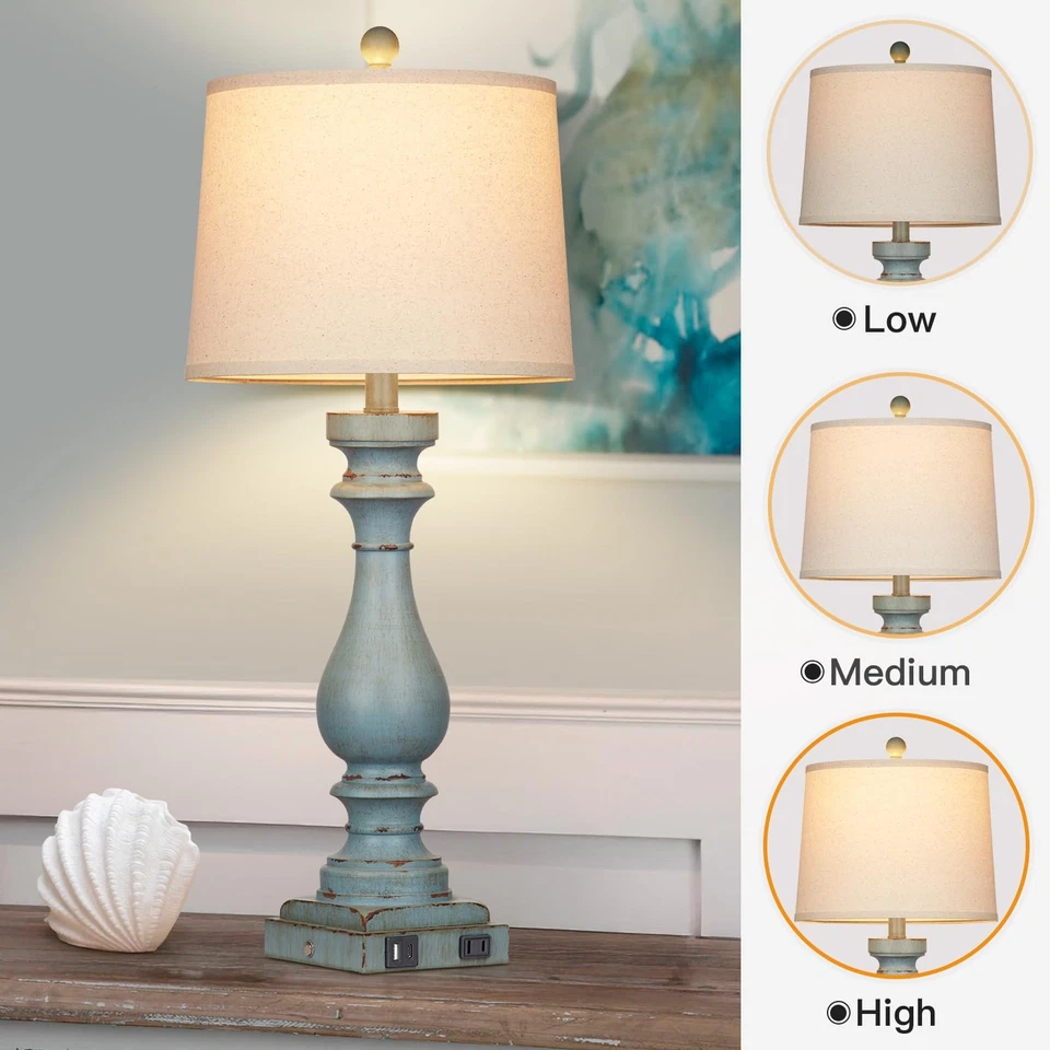 Lámpara costera de 27,5" de alto,-lámparas de mesita de noche vintage azules con carga USB... Foto 3 de 4