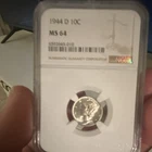 1944-D Mercury Dime Silver 10 Cents 0.900 Fine Denver Mint NGC MS64