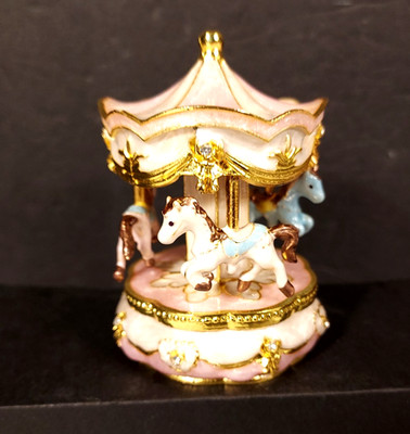 Enameled Brass Carousel Trinket Box 3 Pastel Ponies Pink Blue Pearl Magnet Clasp