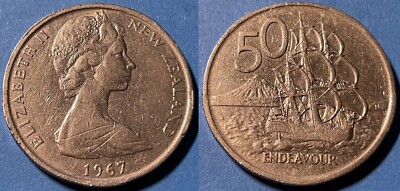 New Zealand 1967 50 Cents-Elizabeth 2nd portrait Endeavour SHIP KM