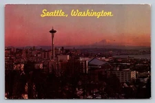 Postcard Washington Seattle Space Needle Mt Rainier Dawn Sunset Unposted  G876