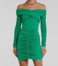 526 Rebecca Vallance Women's Green Ruched Off-Shoulder Edie Mini Dress Size 10