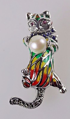 KATZE BROSCHE PLIQUE A JOUR MASSIV SILBER 925 VINTAGE PERLE KUGEL UND RUBINAUGEN