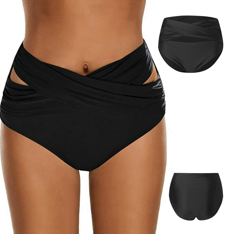 High Waist Tummy Control Ruched Bikini Briefs Swimsuit Bottoms-image