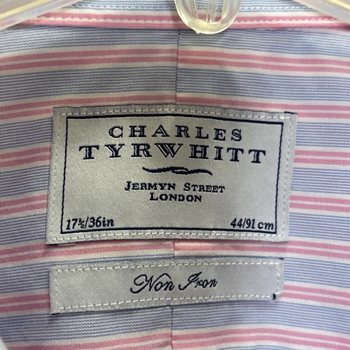Charles Tyrwhitt London Mens 17.5 Shirt Non Iron Pink Blue Strips French Cuffs - 第 3/9 張圖片