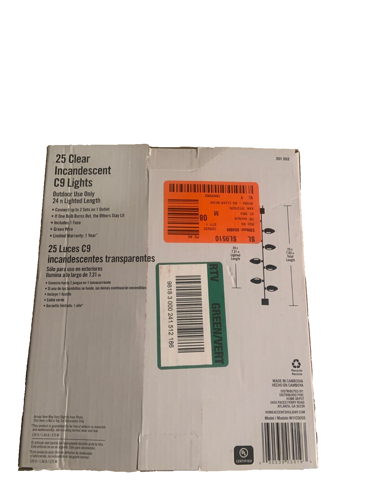 HOME ACCENTS HOLIDAY 25 CLEAR WHITE INCANDESCENT C9 LIGHTS Holiday