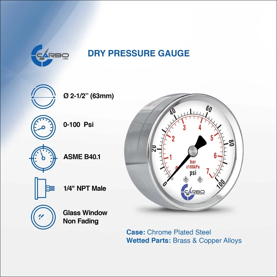 2-1/2" Pressure Gauge - Chrome Plated Steel Case, 1/4"NPT, Back Mnt, 100 PSI - Image 2 of 4
