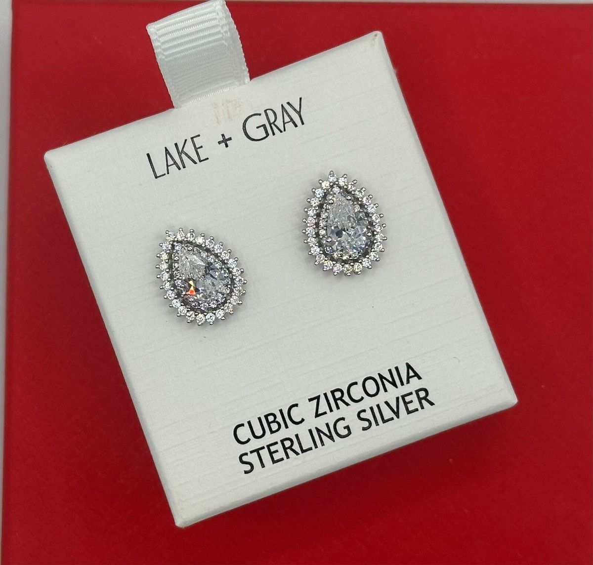 NEW Lake + Gray 925 Sterling Silver CZ Pear Halo Style Stud