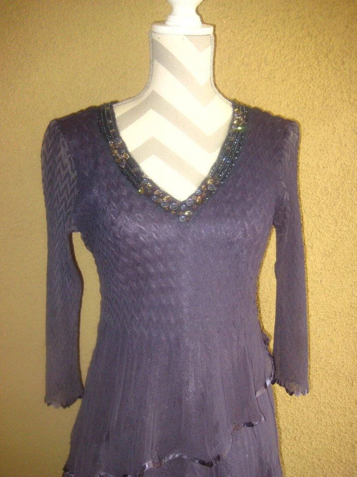 Vestido Charmeuse Vintage Kormarov Gris Carbón Manga 3/4 Volantes Cuentas Forrado M Foto 2 de 4