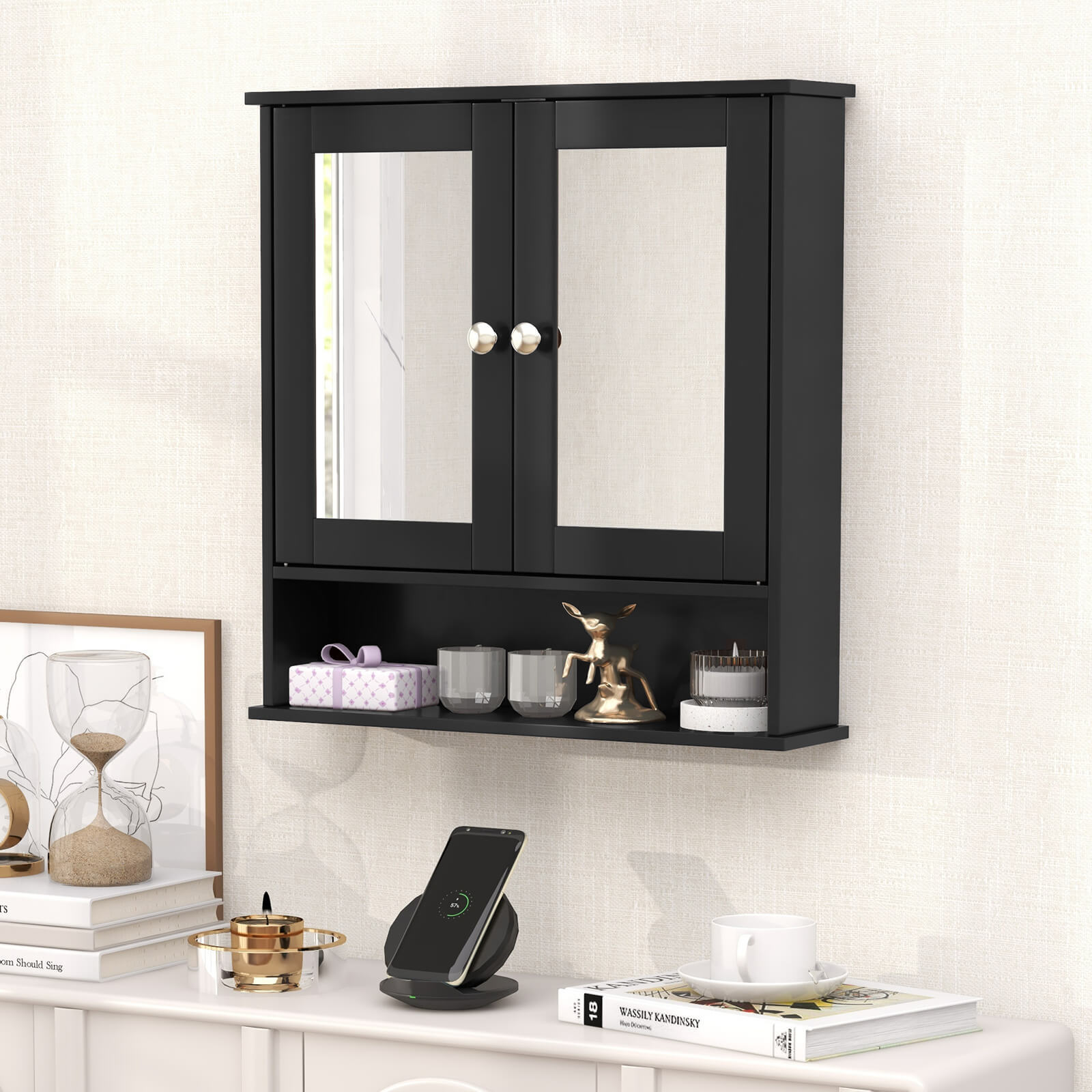 Costway Wall Mount Mirror Cabinet Bathroom Medicine Cabinet Organizer Black