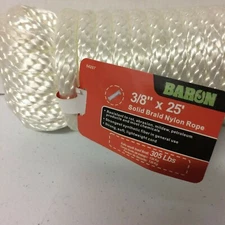 Braid Nylon Rope Baron 3/8" x 25' Solid Rot Abrasion Petroleum Mildew Resistant