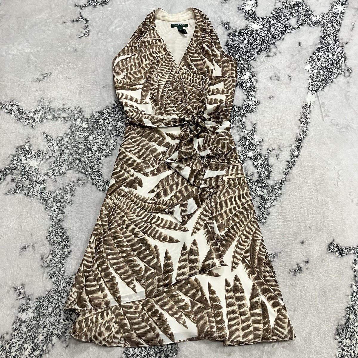 Lauren Ralph Lauren Wrap Dress Brown Leaf Print Ruffle Midi Size 2 Belted Lauren Ralph Lauren Wrap Dress Brown Leaf Print Ruffle Midi Size 2 Belted