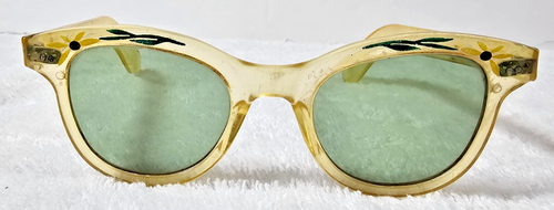 Occhiali da sole vintage anni 50 Wilson Cat-Eye lenti verdi dipinte a mano USA + custodia floreale - Foto 2 di 13