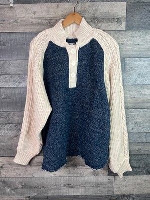 Free People Marco Polo Jumper Sweater Size Small Ivory Blue Cable Knit Pullover