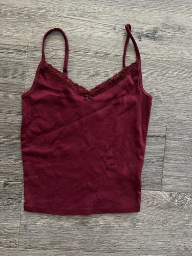 Solid Burgundy Lace Trim Camisole Tank Top Adjustable Straps Women’s Size S