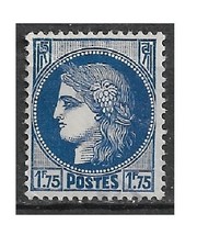 Timbre YT 372 MI 400 CERES 1f75 Bleu 1938 1941  OBLITERE