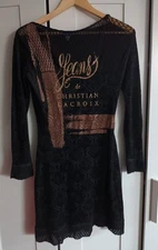 Christian Lacroix Black Stretch Lace Dress M – Gold Logo Long Sleeve Designer