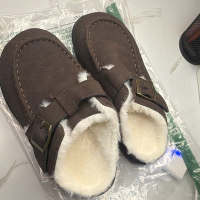Men's Brown Suede Faux Fur Lined Buckle Clog Slippers US Size 2