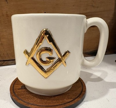 Vintage Masonic Coffee Mug White With Gold Square & Compasses