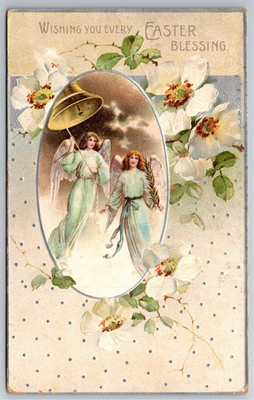 Easter, Religious, Angels, Gold Bell, White Flowers, Vintage Postcard