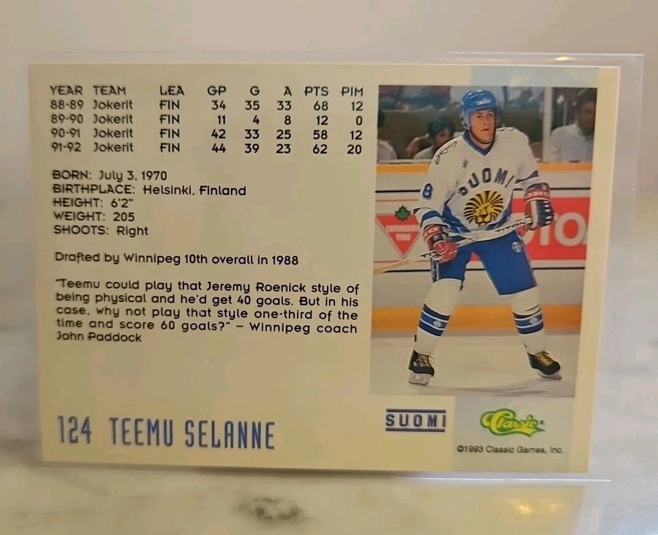1993 Classic Hockey Draft Flashbacks: Teemu Selanne #124 - Jokerit Helsinki - NM - Image 2 of 2
