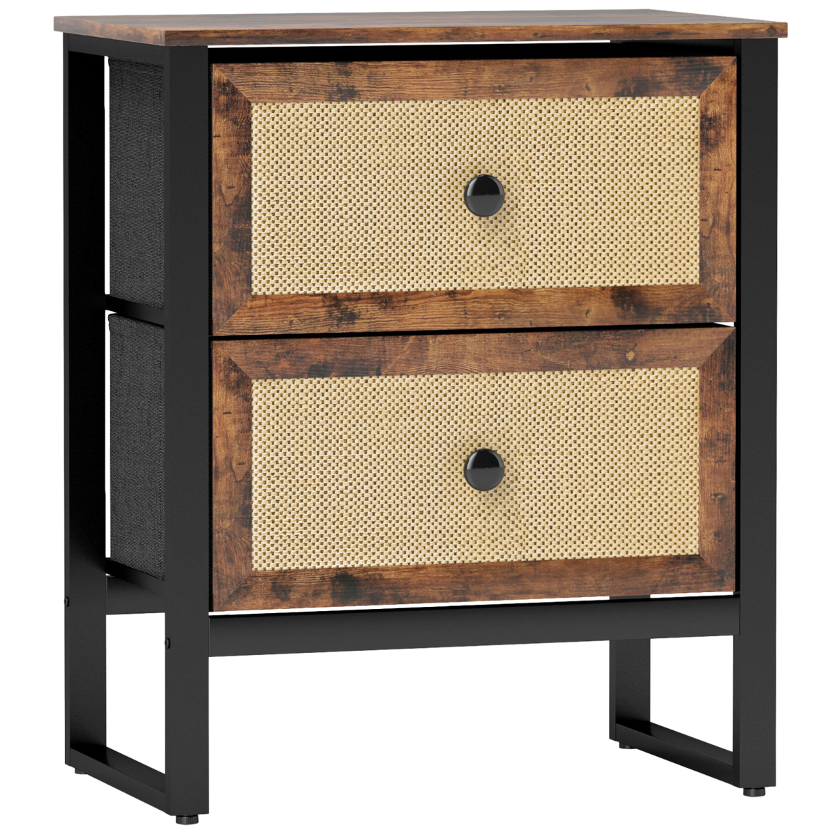 HOMCOM Bedside Table with 2 Rattan Drawers and Steel Legs - Rustic Brown
