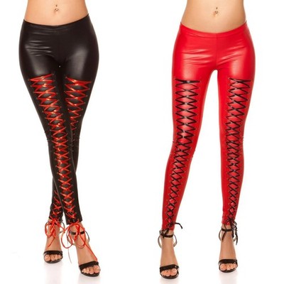 Damen Wetlook Schnür Leggings High Waist Kunstleder Clubwear Party Hose