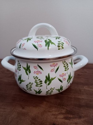 Crofton Mini Enameled Steel Pot Floral with Lid Double Handles New