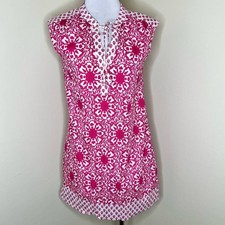 Vineyard Vines Tunic Dress XS Pink Peasant Shift Block Print Mini V-Neck Cotton