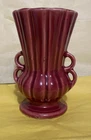 Vintage 50s McCoy Burgundy Flower Bud Double Handle Vertical Ribbed 6” Tall
