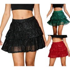 Womens Miniskirt Dance Skirts Stage Short Skirt Hem Sequin Nightclubs Glitter