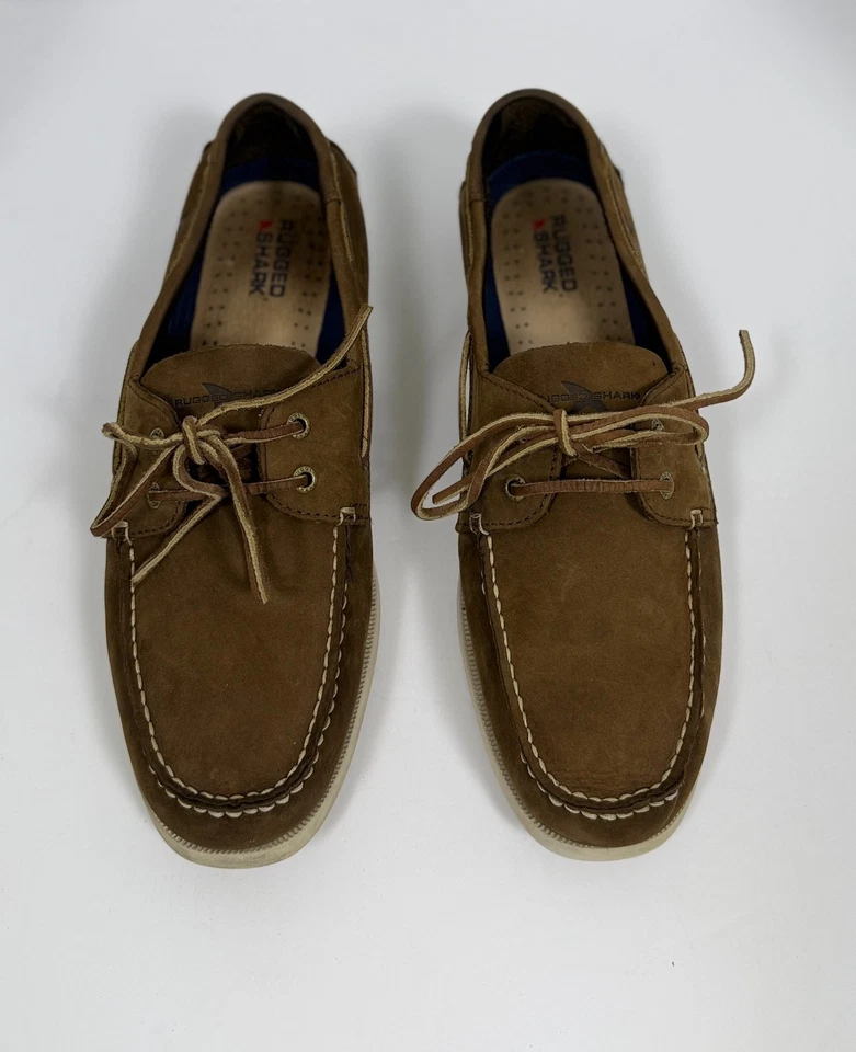 Zapatos de barco de cuero Rugged Shark para hombre marrón sin usar, puntera con cordones, cubierta talla 11,5 M Foto 4 de 4